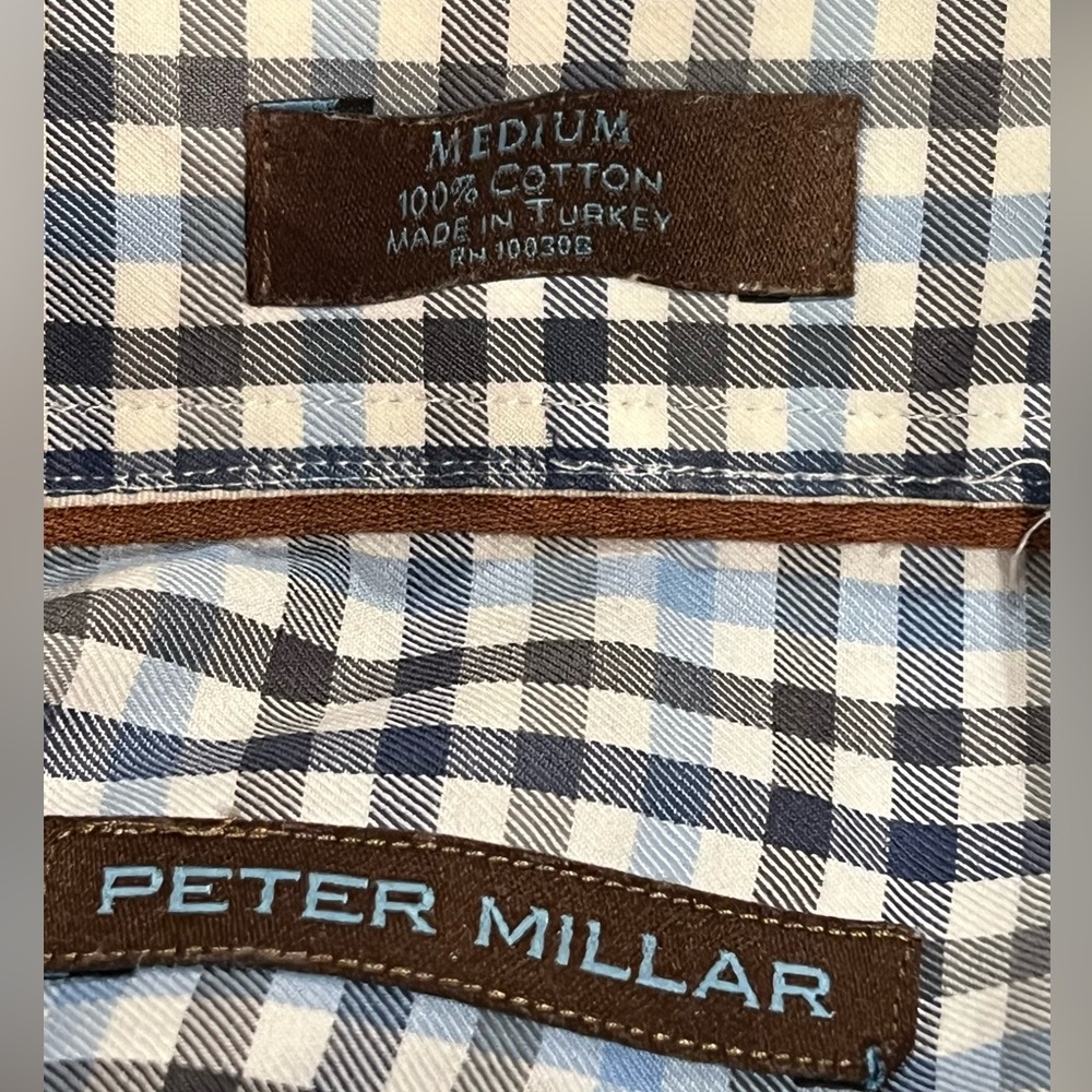 Peter‎ Millar Men's Medium Black Light Blue Plaid Button Down Long Sleeve Shirt - Picture 4 of 10